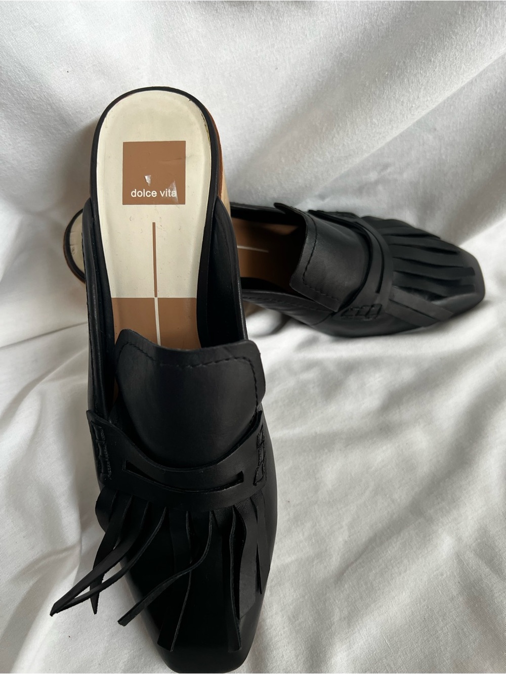 Dolce Vita Black Leather Fringe Slip-On Low Block Heel Mules